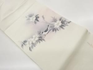 作家物　塩瀬手描き花葉に鳥模様名古屋帯